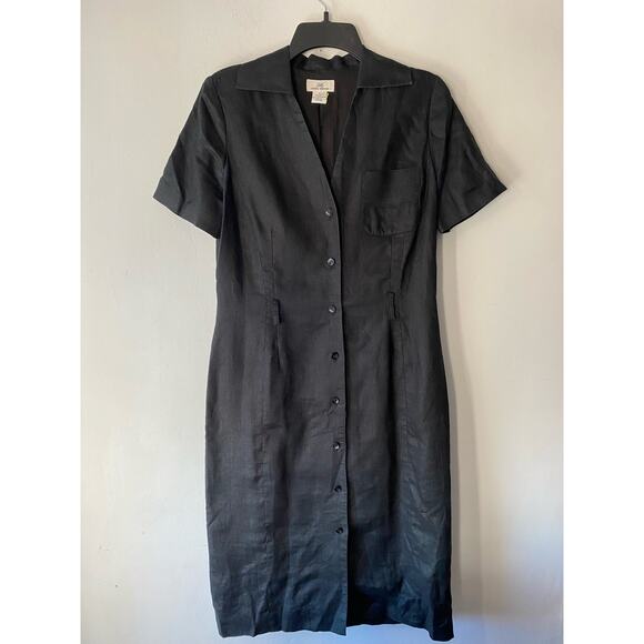 Brooks Brothers 346 Black Linen Button Down Midi Dress SZ8 Preppy Career Classic - Picture 1 of 6